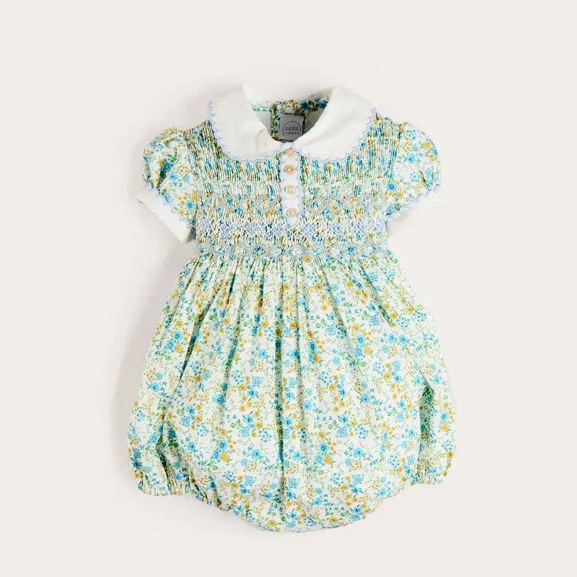 Louisa Floral Hand Smocked Short Sleeve Romper in Blue (3mths-2yrs)