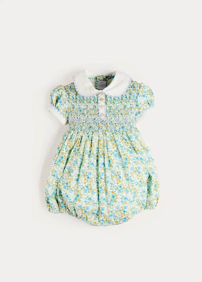 Louisa Floral Hand Smocked Short Sleeve Romper in Blue (3mths-2yrs)