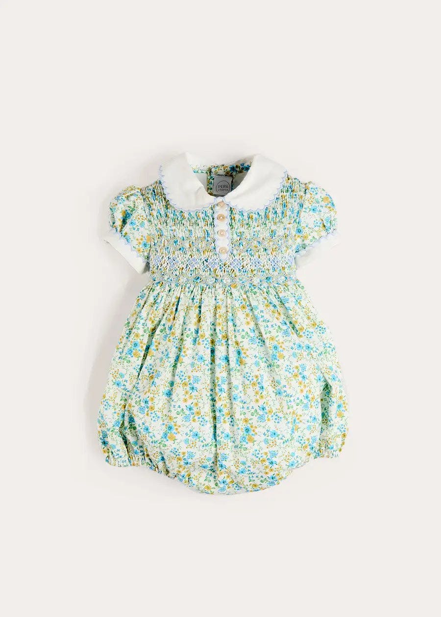 Louisa Floral Hand Smocked Short Sleeve Romper in Blue (3mths-2yrs)