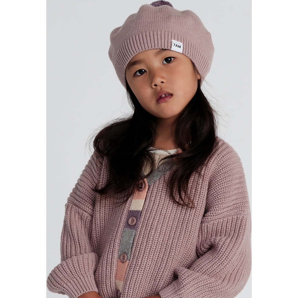 Chunky Ribbed Cotton Knit Pom Pom Beret, Pink