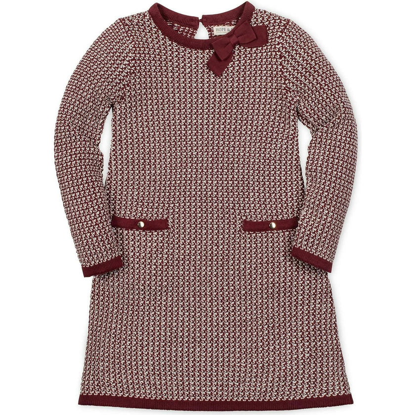 Organic Long Sleeve Bow Detail Tweed Sweater Dress, Red
