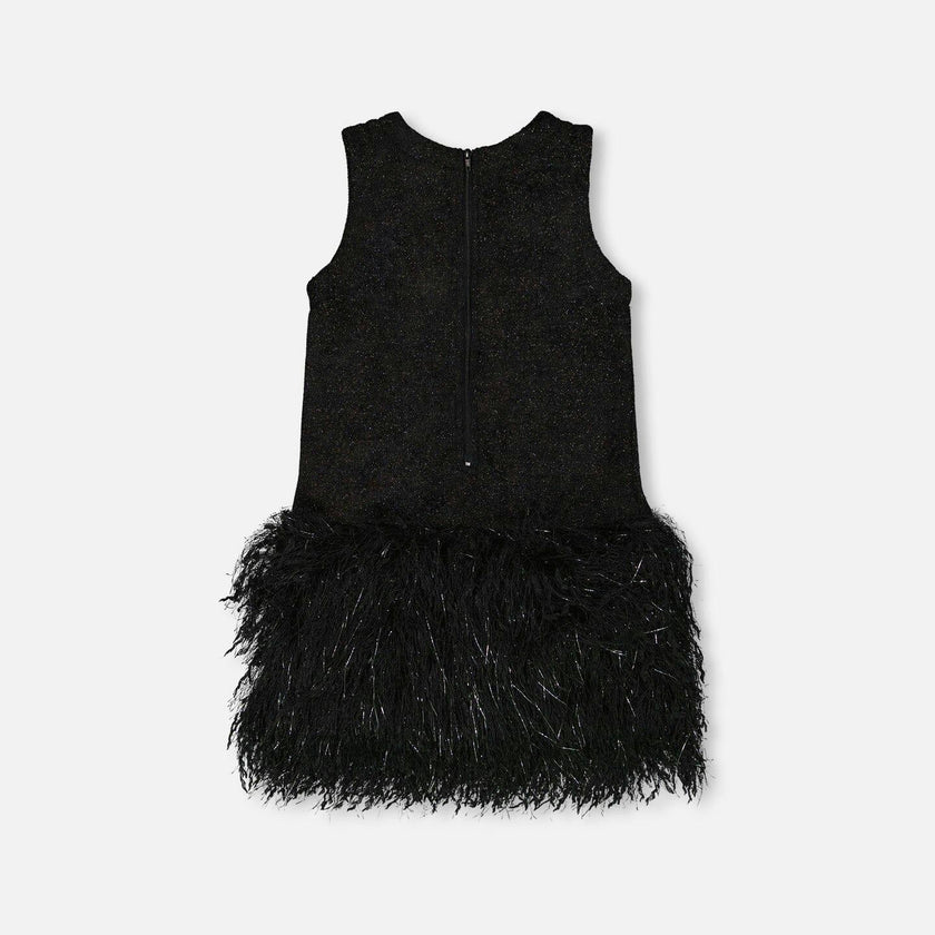 Sleeveless Bi-Material Lurex Dress with Feathers