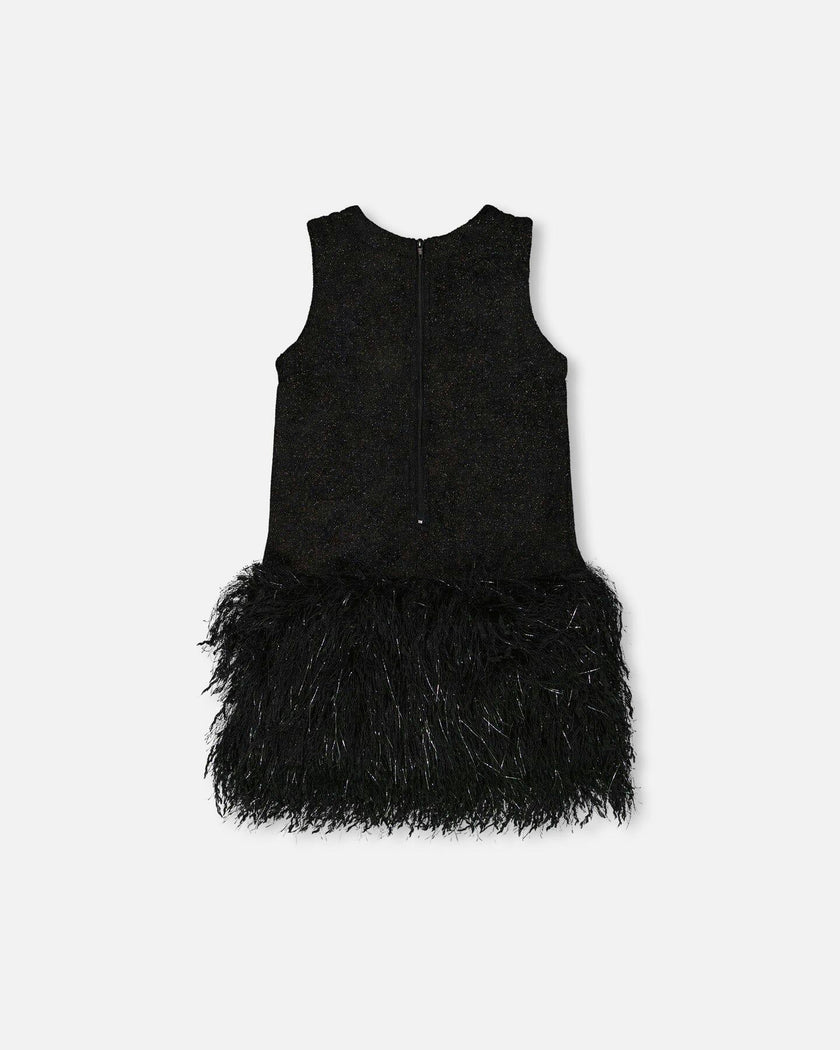 Sleeveless Bi-Material Lurex Dress with Feathers