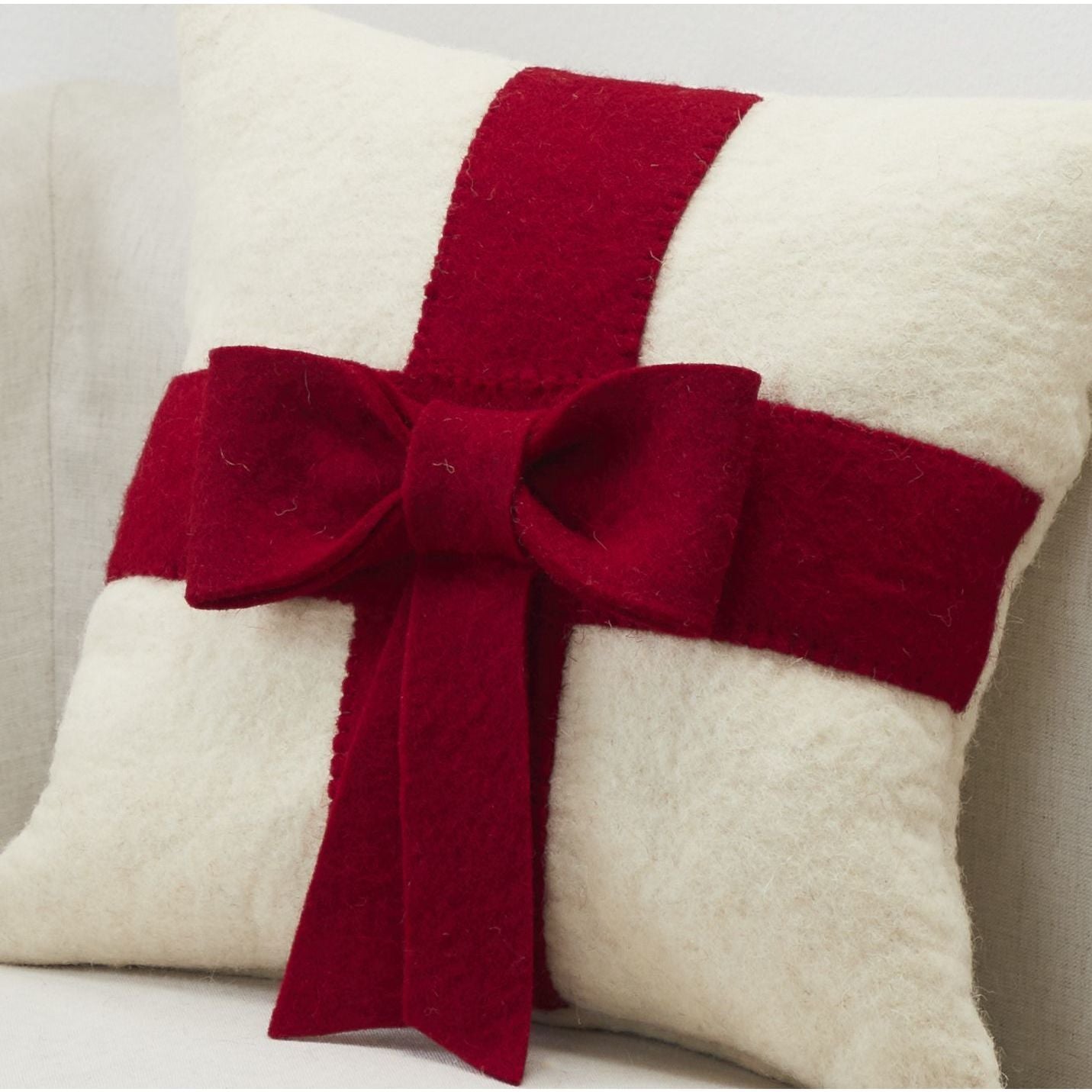 Red Bow on Cream - Christmas Pillow Cover in Hand Felted Wool - 20