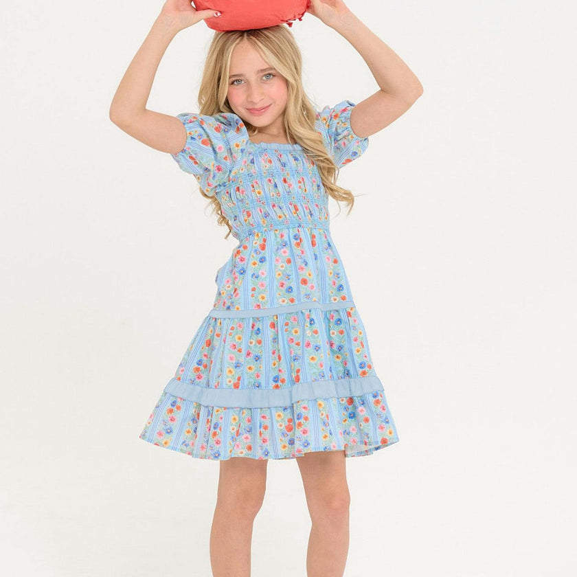 Mini Roselyn Dress in Blue Linear Floral Print