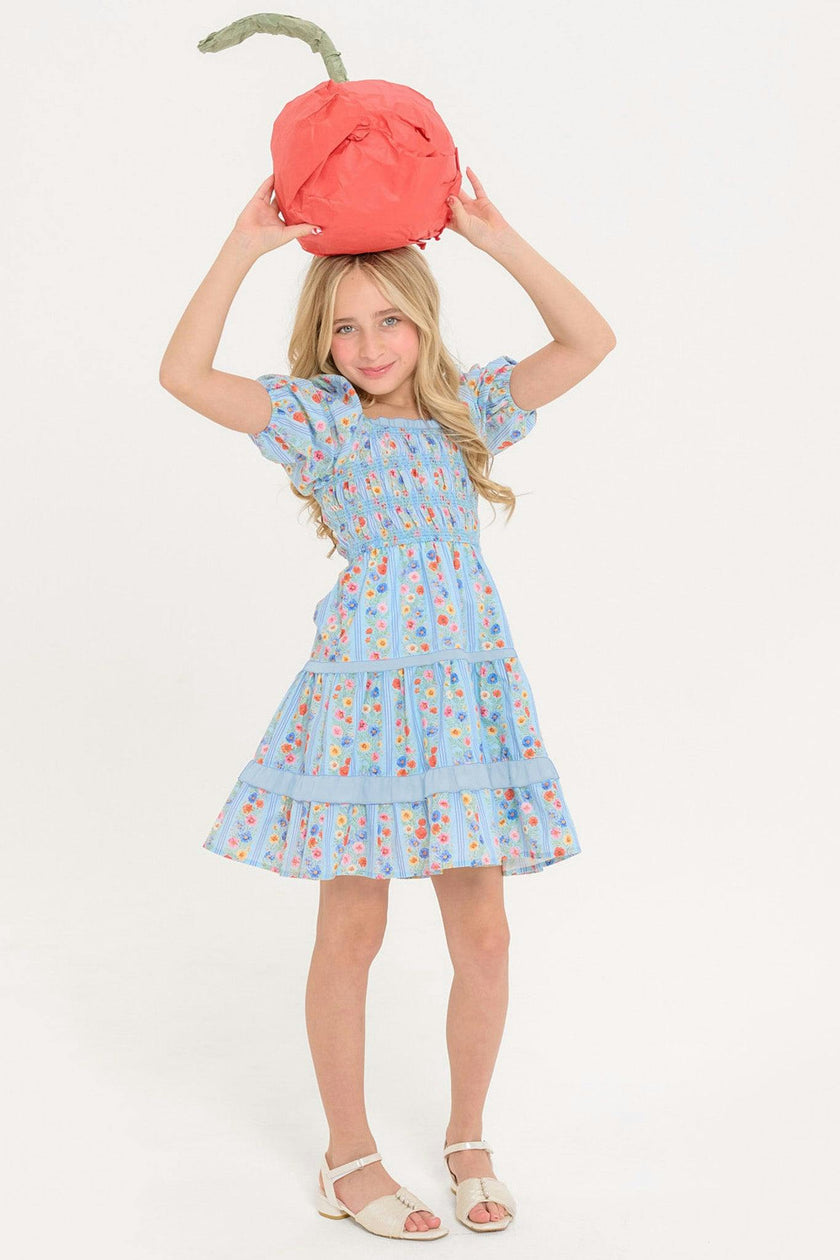 Mini Roselyn Dress in Blue Linear Floral Print