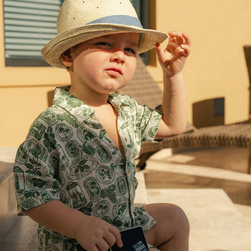 The Passport to Paradise - Boys Linen Passport Stamp Hawaiian Shirt