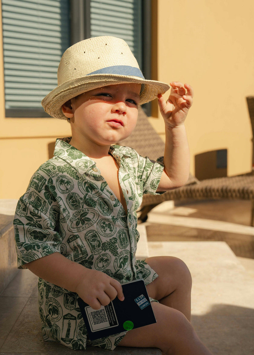 The Passport to Paradise - Boys Linen Passport Stamp Hawaiian Shirt
