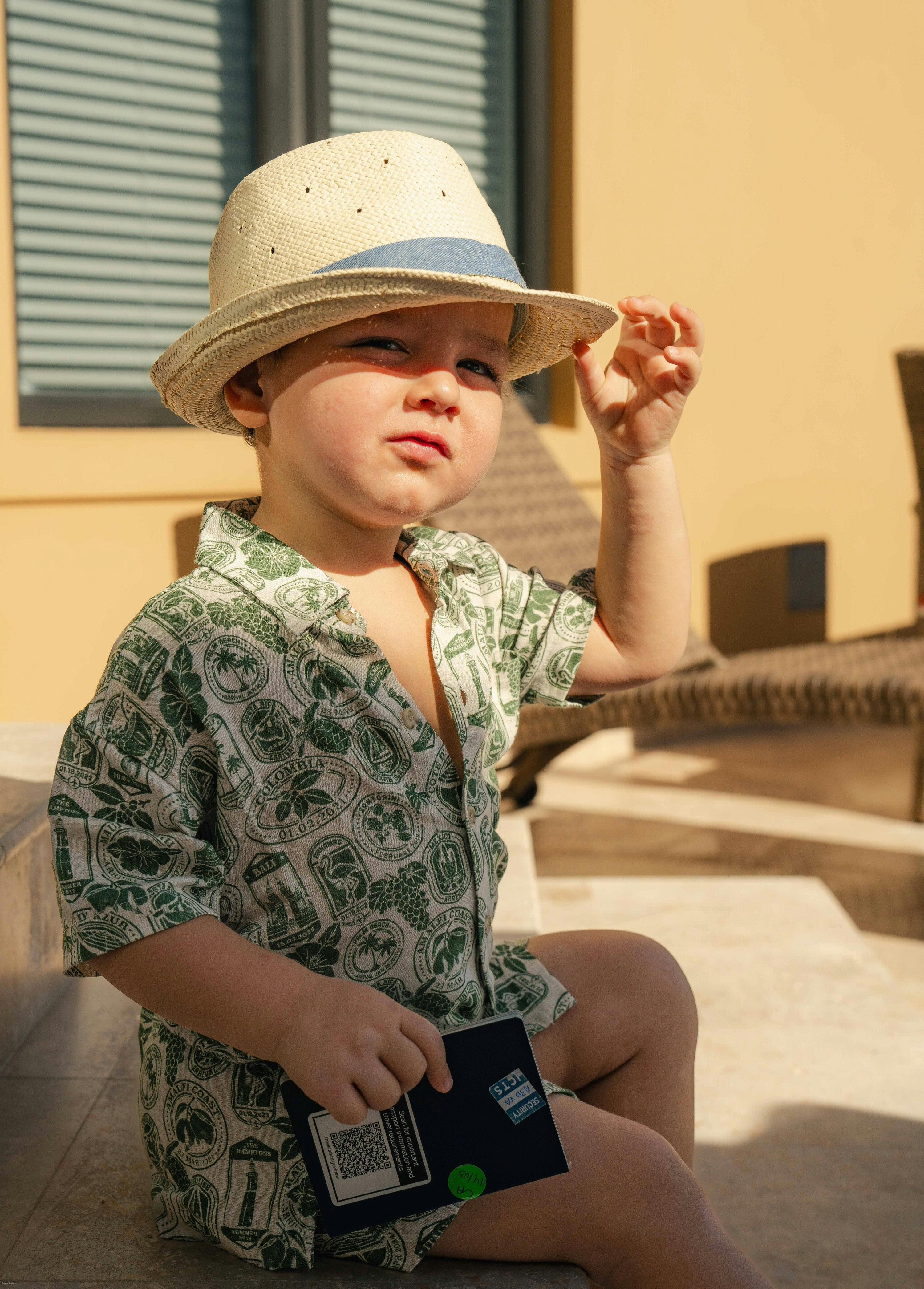 The Passport to Paradise - Boys Linen Passport Stamp Hawaiian Shirt