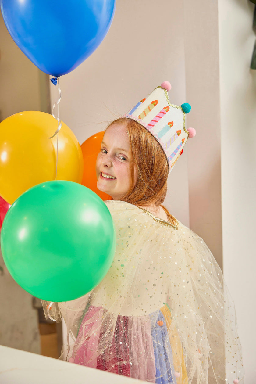 Tulle Celebrations Cape with Multicolor Pom Poms and Gold Glitter Stars