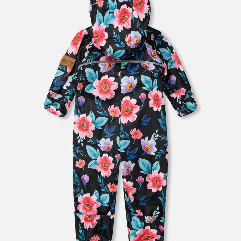 Baby Mid-Season One-Piece Outerwear With Hat Black Printed Flowers