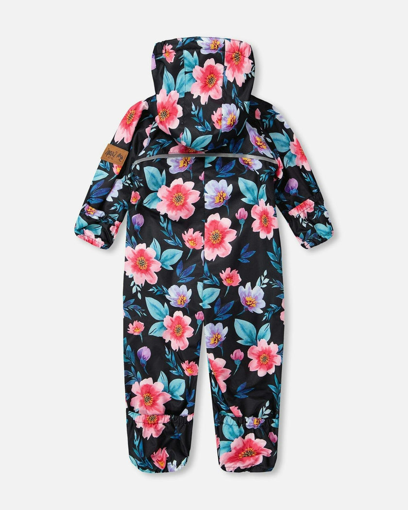 Baby Mid-Season One-Piece Outerwear With Hat Black Printed Flowers