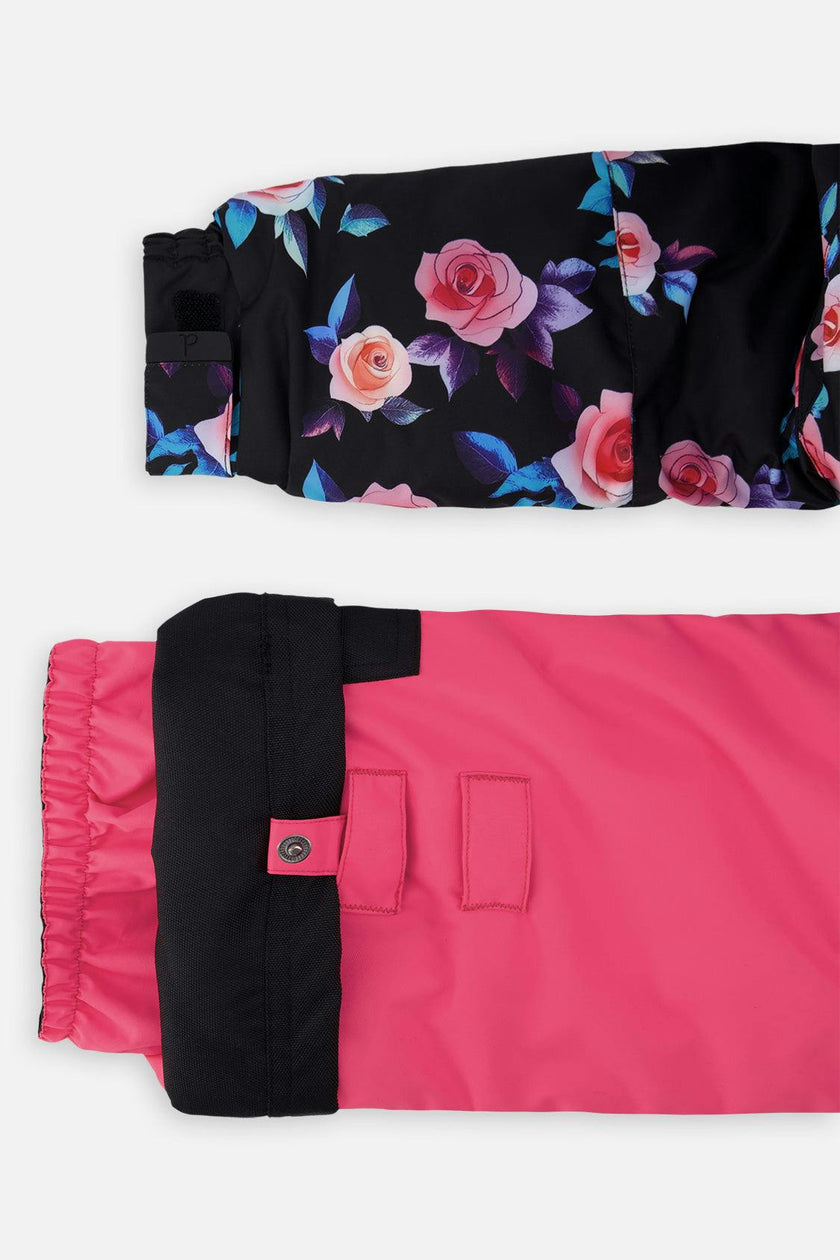 Two Piece Play Snowsuit Black Rose Print With Pink Pants