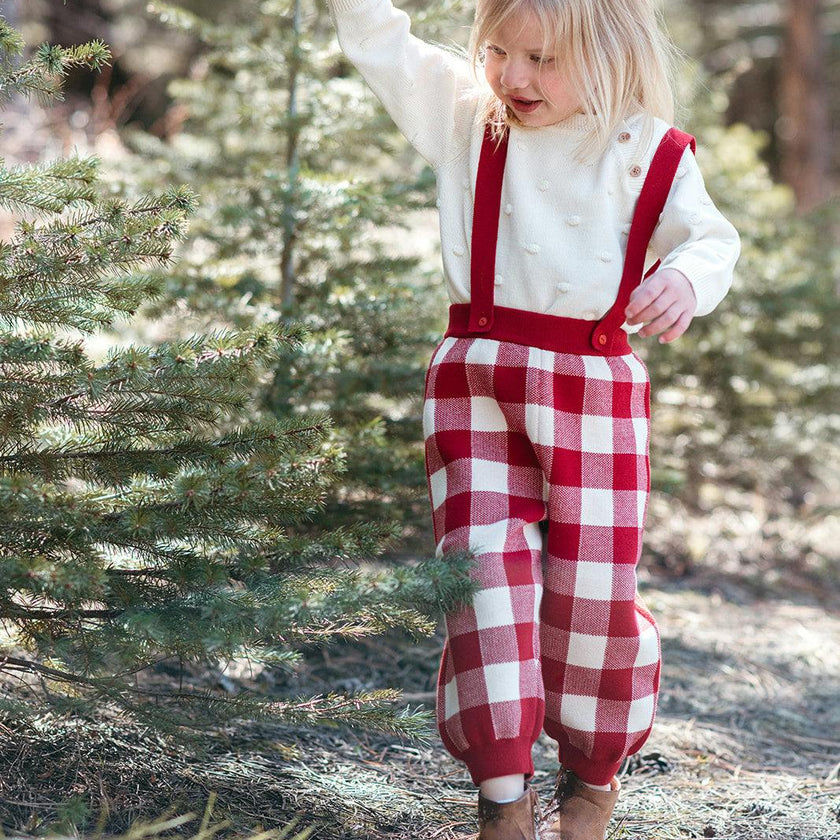 Red Gingham Knit Suspender Pants