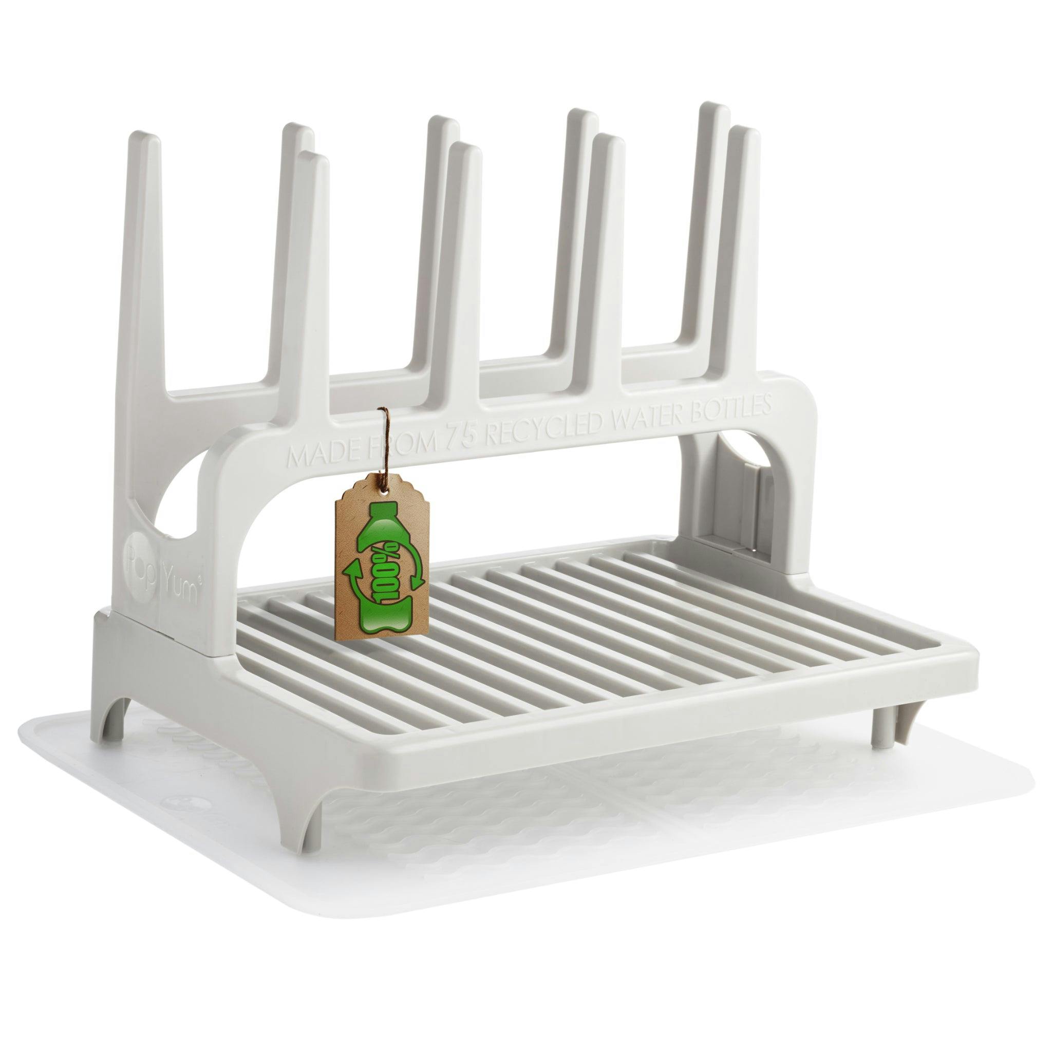PopYum Seattle Gray Drying Rack from 100% Recycled Bottles with Silicone Drying Mat, countertop for Baby Bottle, Plastic Bags, Cups, Compact