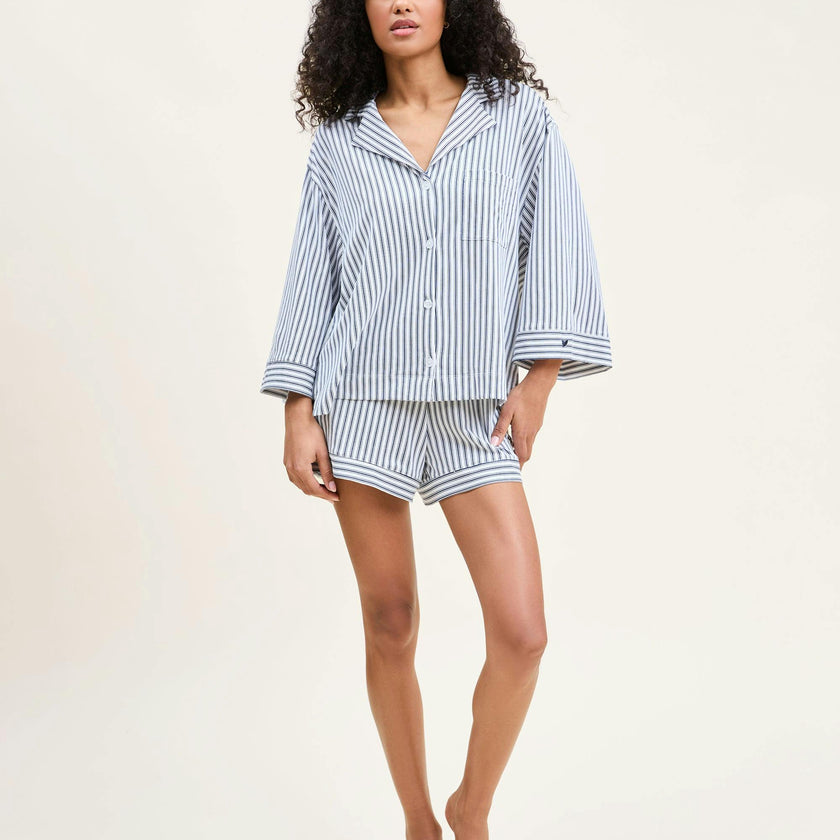 The Olivia Pima Short Set in Navy French Ticking