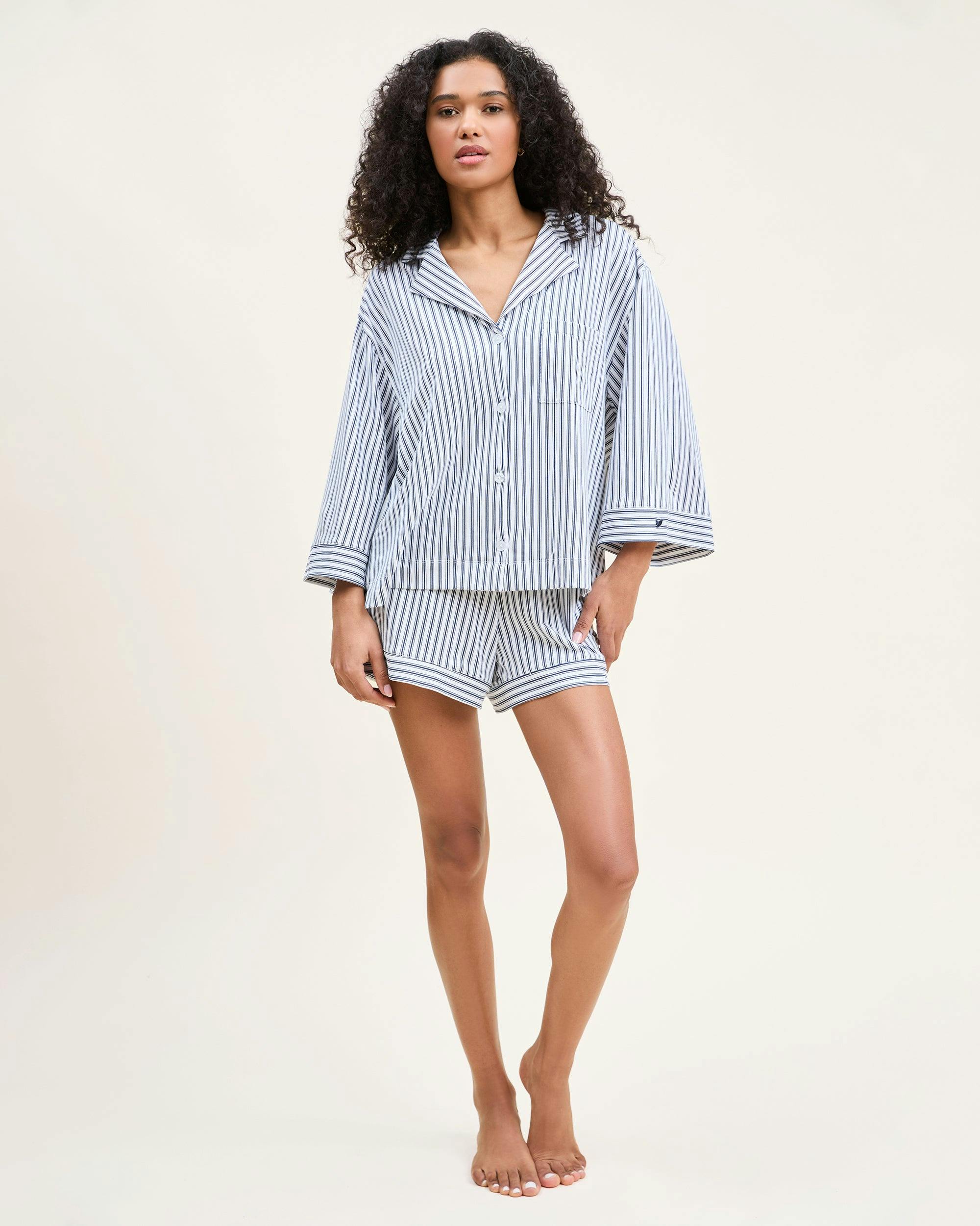 The Olivia Pima Short Set in Navy French Ticking
