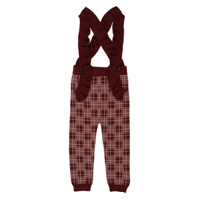 Ruffle Plaid Cross Ruffle Strap Ribbed Waist & Cuff Pant Overalls