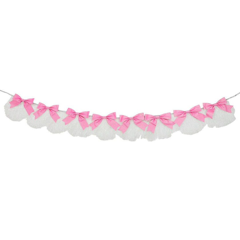 Packed Party Beautiful Bows Reusable Glitter Fringe Garland - 80-Inch Pink and White Fringe Banner with 3D Pink Glitter Bows for Birthdays and Showers