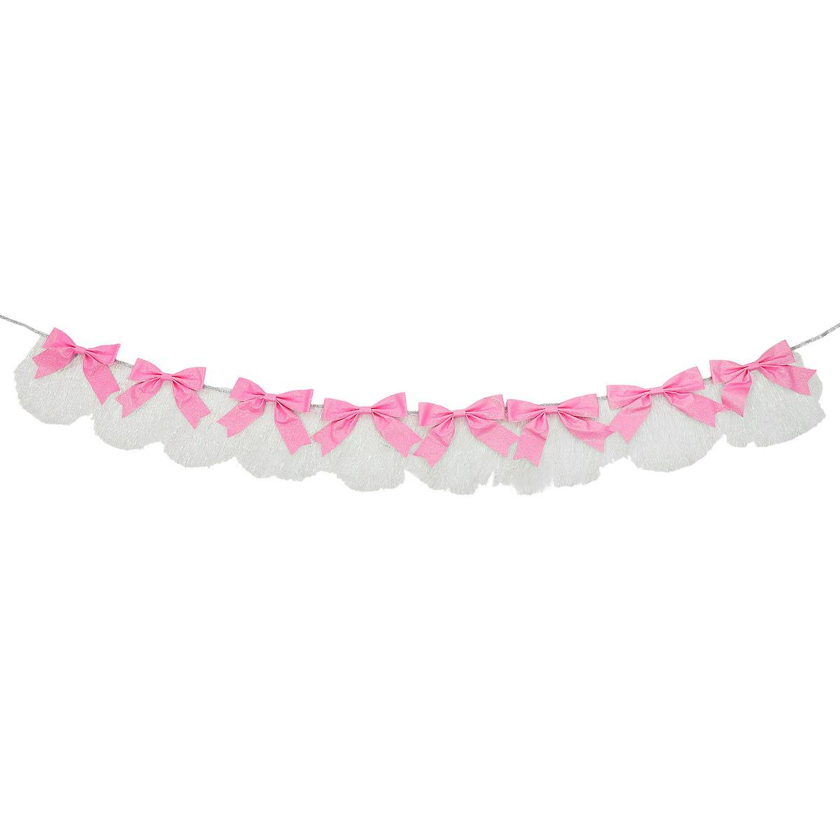 Packed Party Beautiful Bows Reusable Glitter Fringe Garland - 80-Inch Pink and White Fringe Banner with 3D Pink Glitter Bows for Birthdays and Showers
