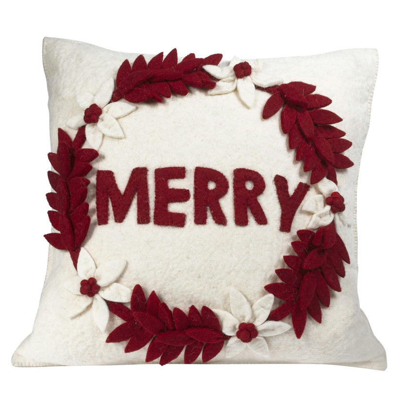 Hand Felted Wool Christmas Pillow - MERRY Wreath Cream - 20" Arcadia Home