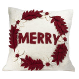 Hand Felted Wool Christmas Pillow - MERRY Wreath Cream - 20" Arcadia Home