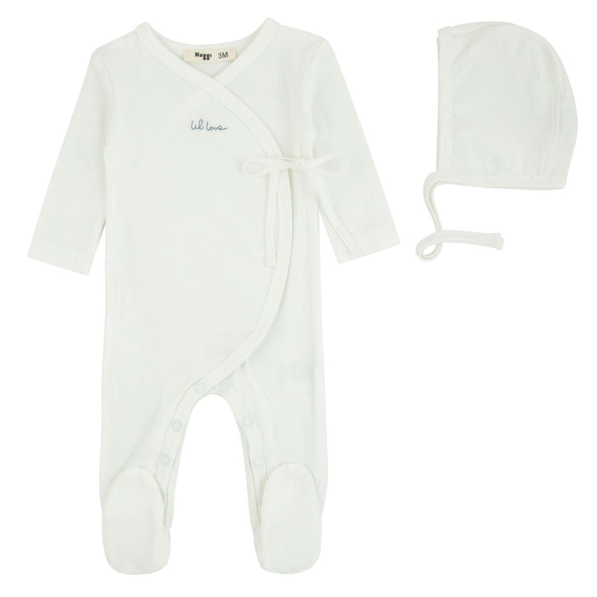 Lil Love Embroidered Wrap Footie and Bonnet, Blue Embroidery