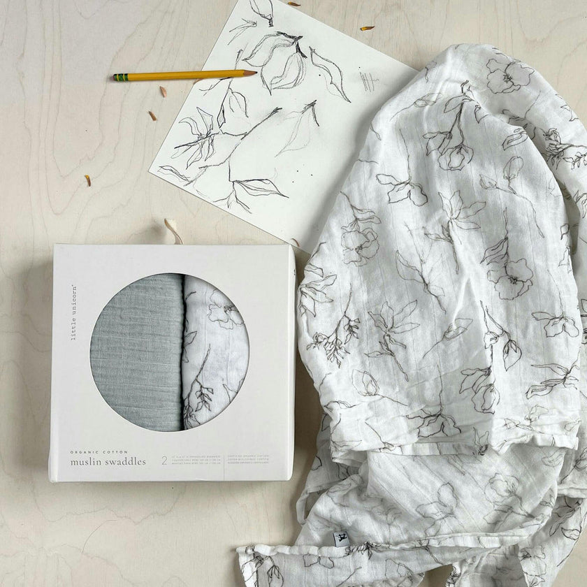 Organic Cotton Muslin Swaddle Blanket 2 Pack - Pencil Floral