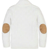 Organic Long Sleeve Shawl Collar Cable Sweater with Elbow Patches, White
