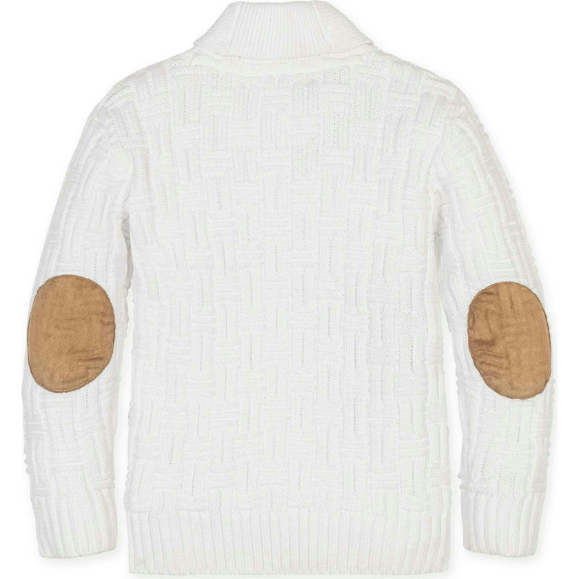 Organic Long Sleeve Shawl Collar Cable Sweater with Elbow Patches, White