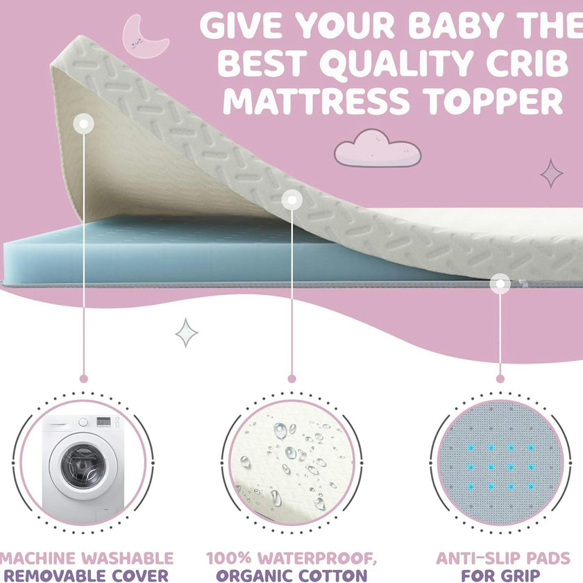2” Crib Mattress Topper Memory Foam - Waterproof Breathable Soft Washable Cover 52” x28” x 2” Fits Standard Size Cribs & Toddler Beds by Sleepah
