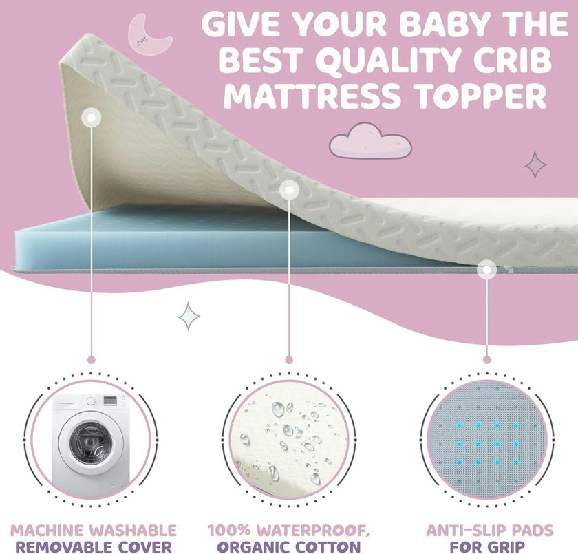 2” Crib Mattress Topper Memory Foam – Waterproof & Breathable Soft Cover