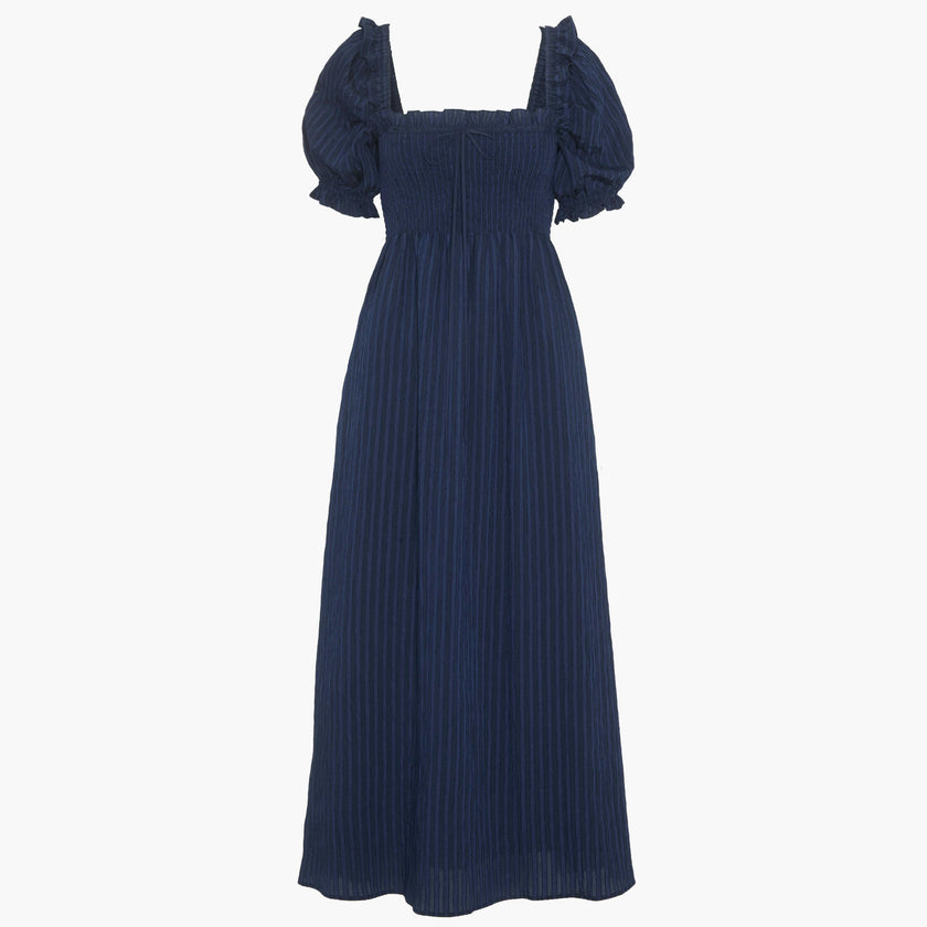 The Scarlett Midi Nap Dress - Navy Tonal Seersucker