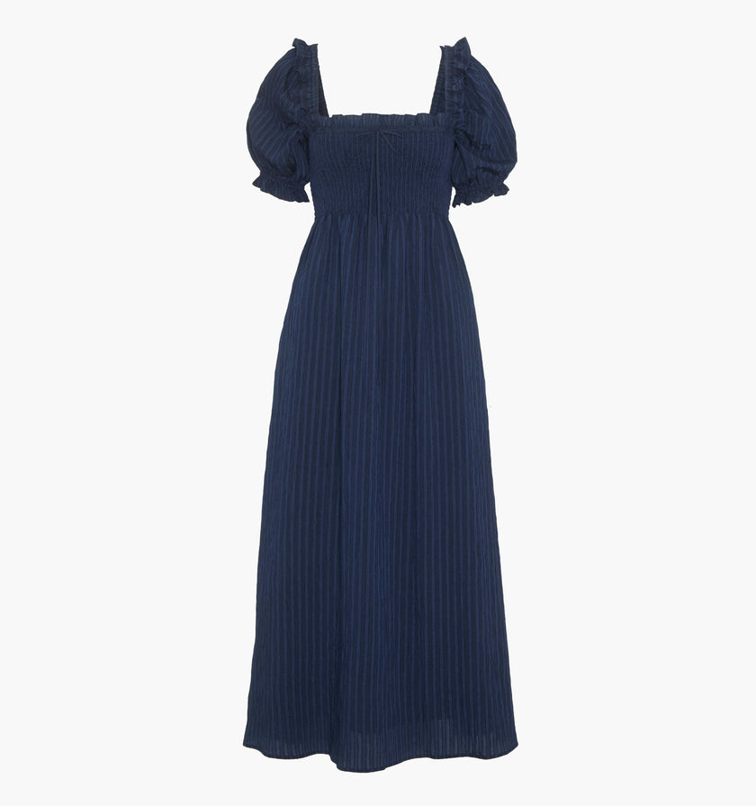 The Scarlett Midi Nap Dress - Navy Tonal Seersucker