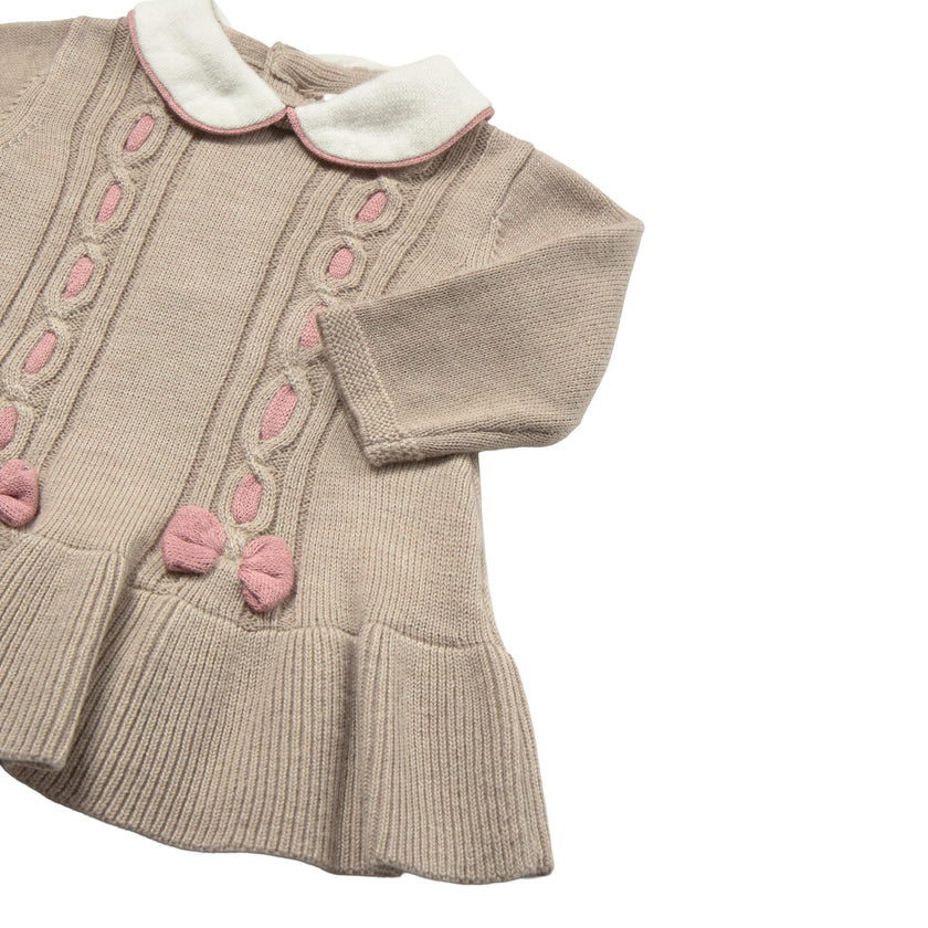 Beige Knitted Dress with Bow Accents