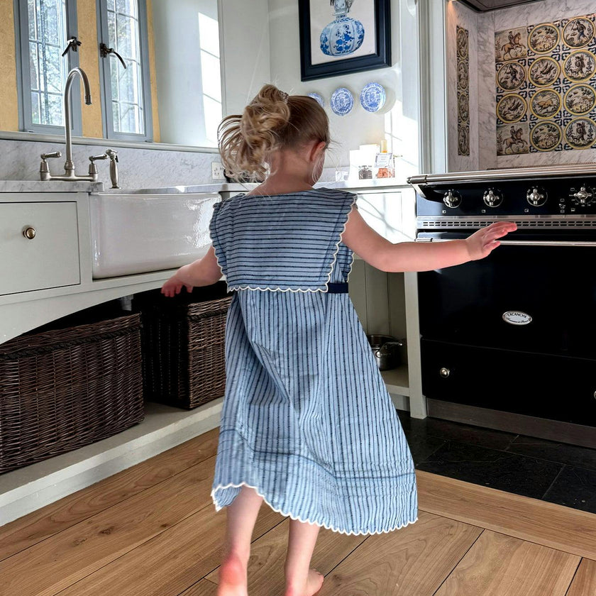 Clairette Dress, Navy Ladder Stripe