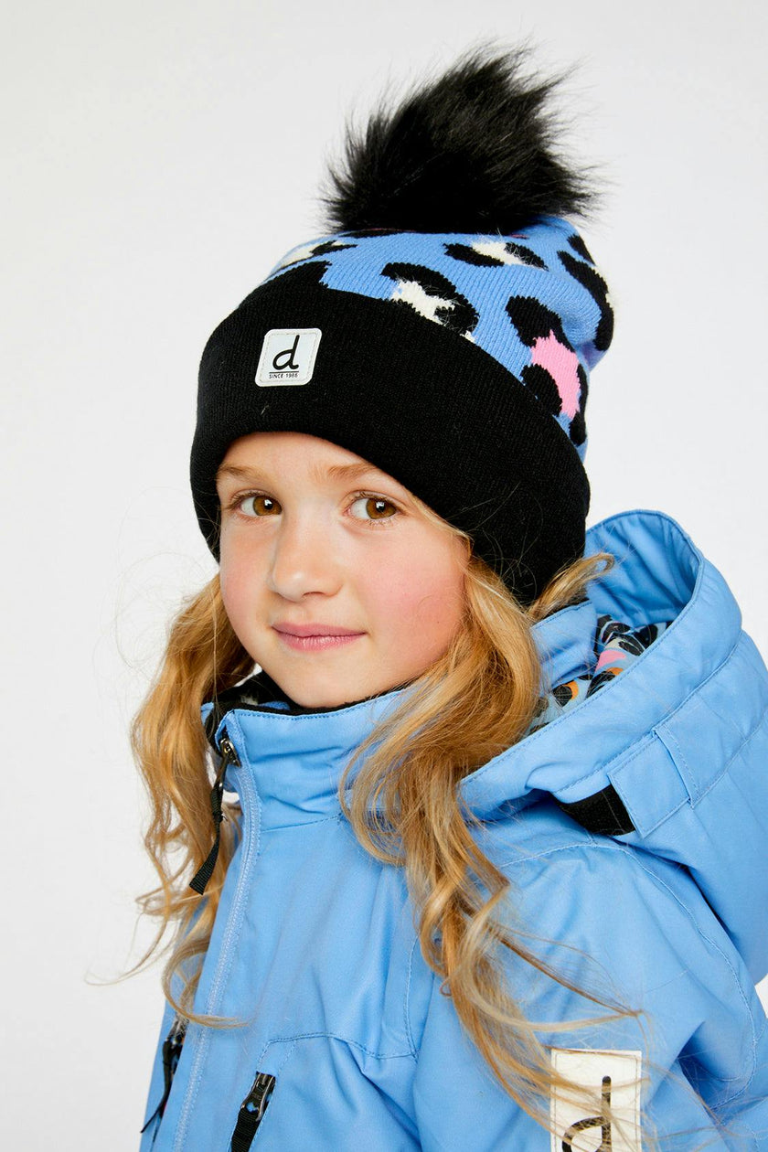 Winter Knit Hat With Pompom Blue Leopard Print