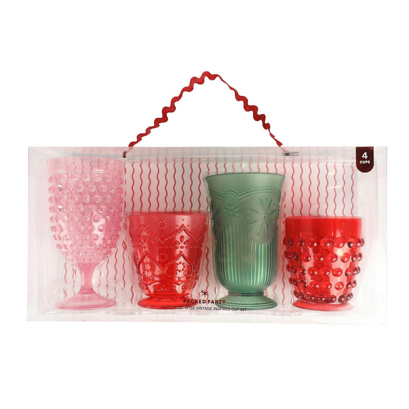 Packed Party Holiday Vintage-Style Plastic Goblets Set of 4 - 13-17 oz BPA-Free Reusable Cups in Pink Red and Green for Christmas Parties