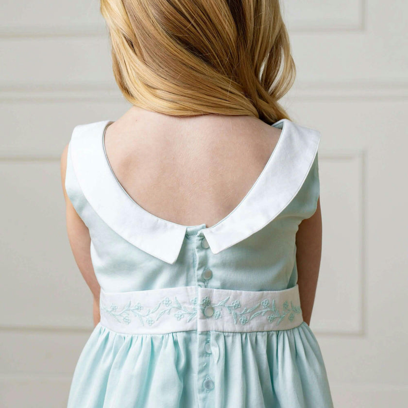 Organic Round Collar Sateen Party Dress with Embroidered Sash