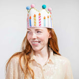 Packed Party Birthday Wishes Reusable Glitter Pom Pom Crown - Metallic Fabric Birthday Candle Crown with Multicolor Poms and Adjustable Satin Ties