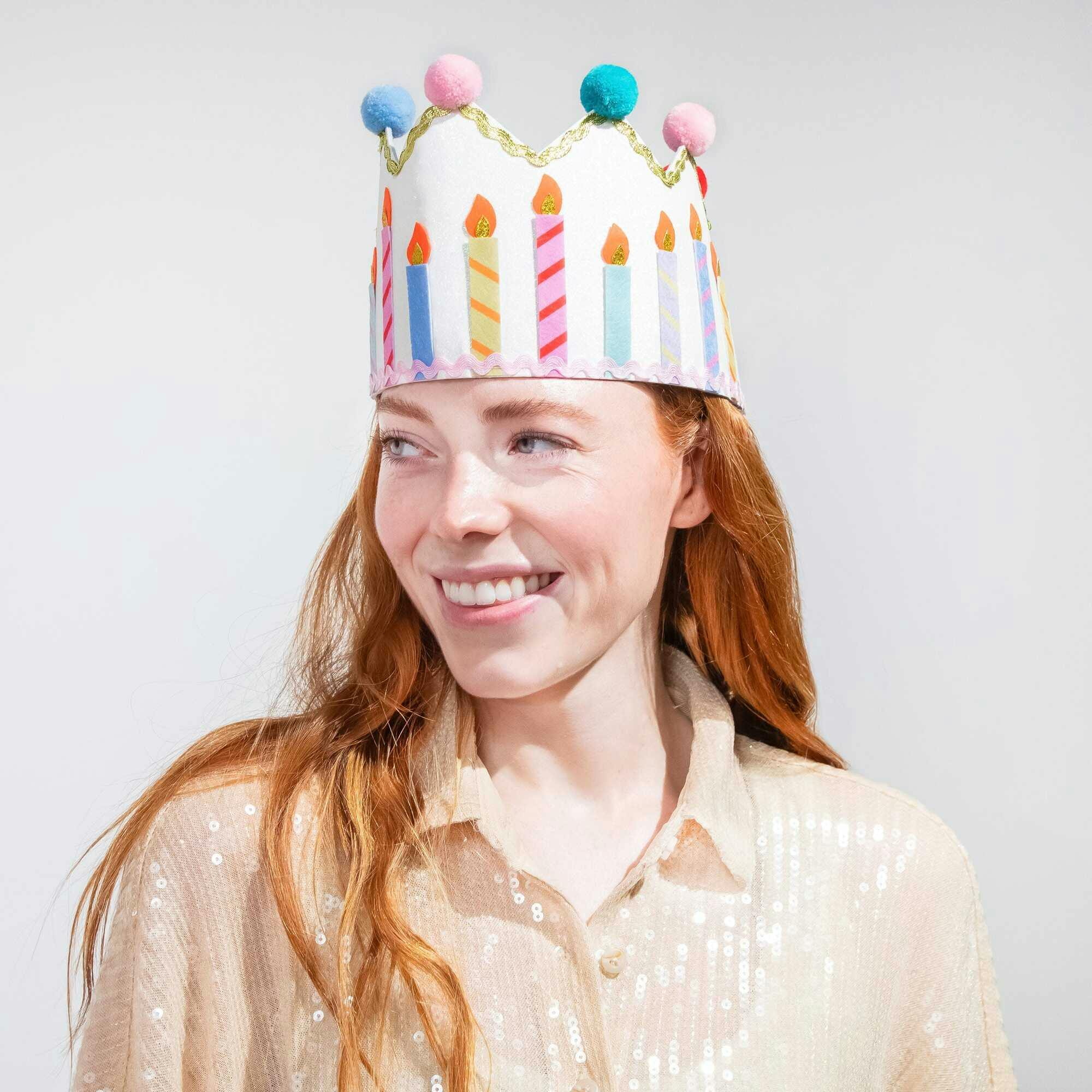 Packed Party Birthday Wishes Reusable Glitter Pom Pom Crown - Metallic Fabric Birthday Candle Crown with Multicolor Poms and Adjustable Satin Ties