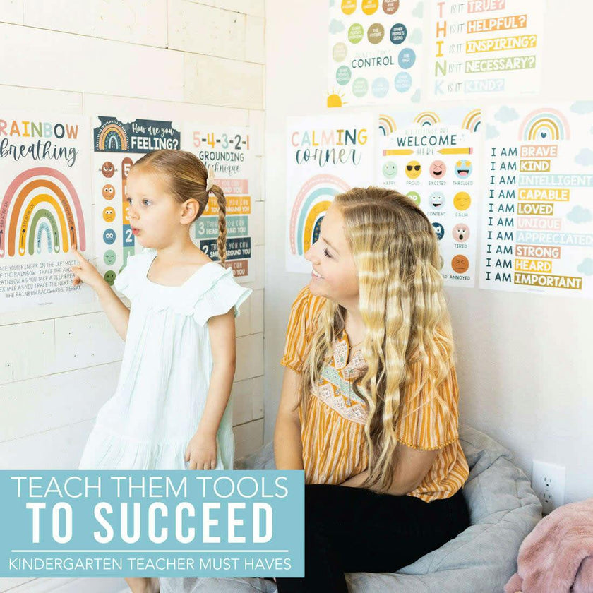 16-Piece Laminated Boho Rainbow Prek & Kindergarten Posters