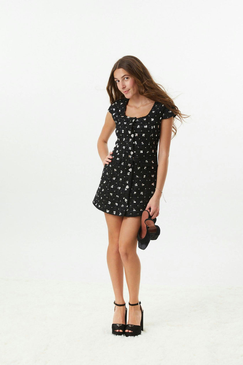 Zoe Black Dress With Silver Flowers Sequin Boucle Cap Sleeve