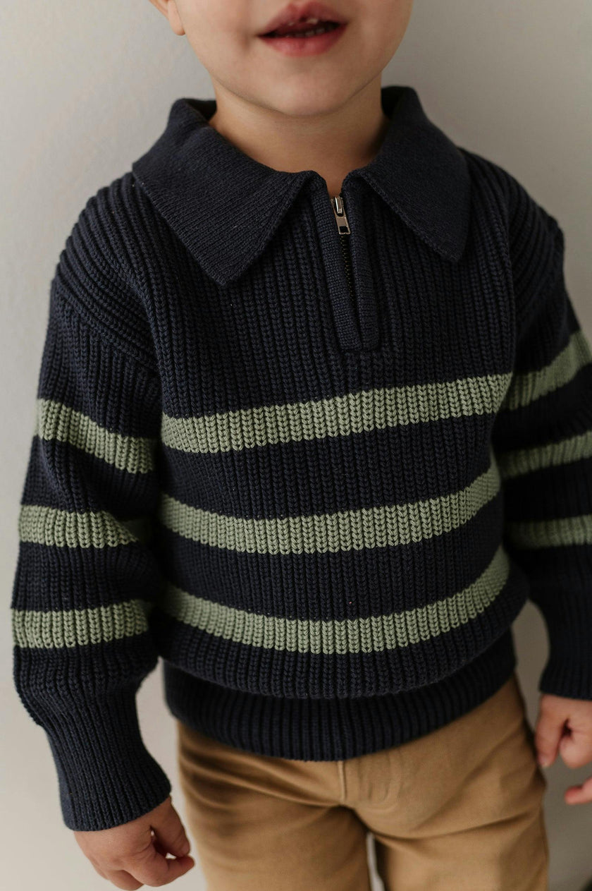 Boys Striped Zip Up Sweater in Evergreen Stripe