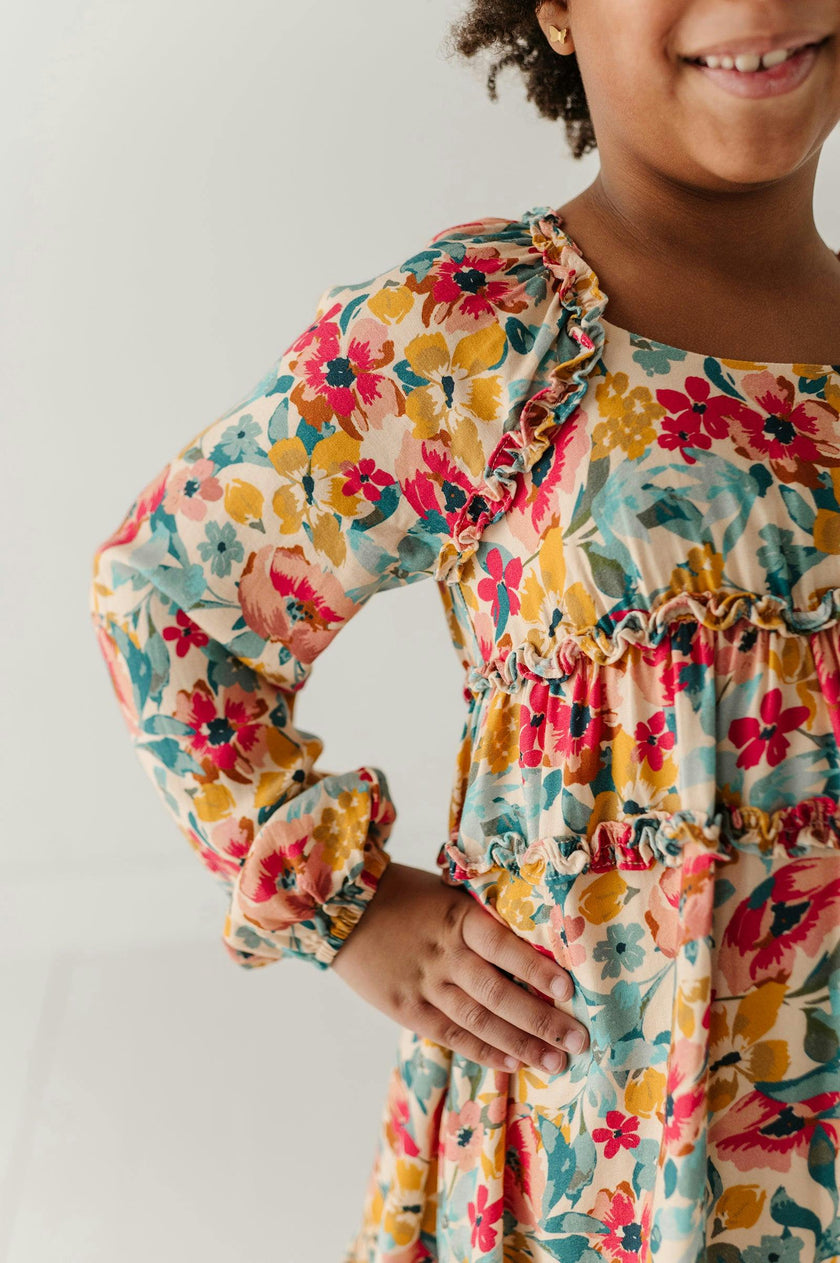 Girls Peasant Shirred Waist Dress in Cooper Painterly Floral
