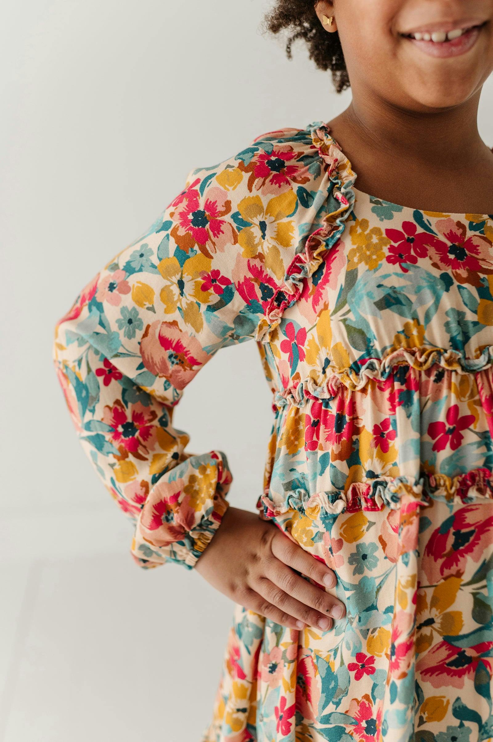 Girls Peasant Shirred Waist Dress in Cooper Painterly Floral