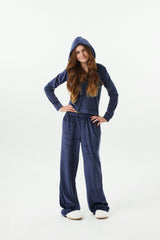 Elle Navy Stretch Velour Zip up Hoodie Sweatshirt