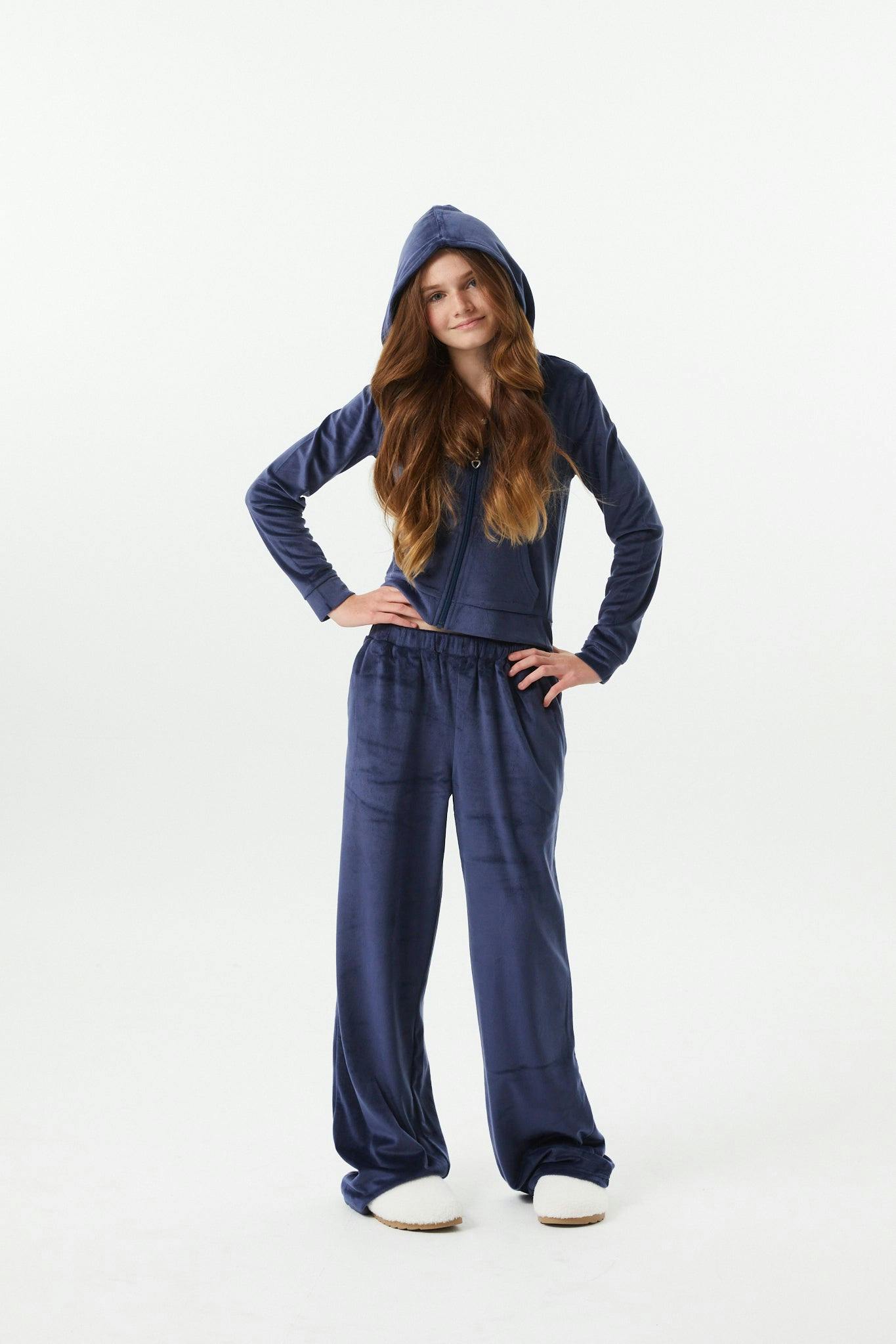 Elle Navy Stretch Velour Zip up Hoodie Sweatshirt