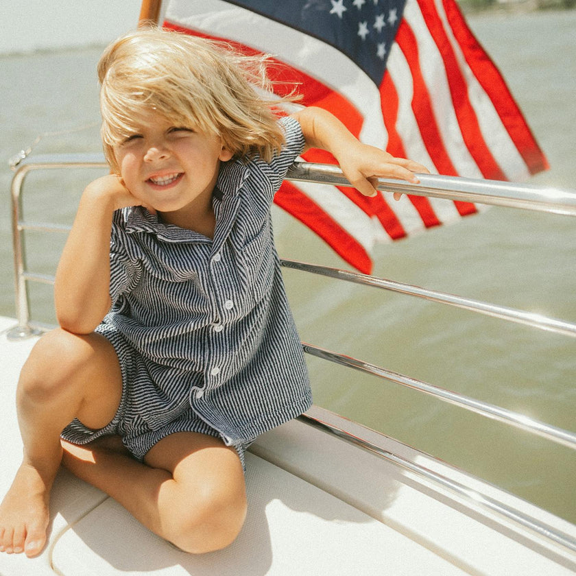 boys navy stripe french terry button up
