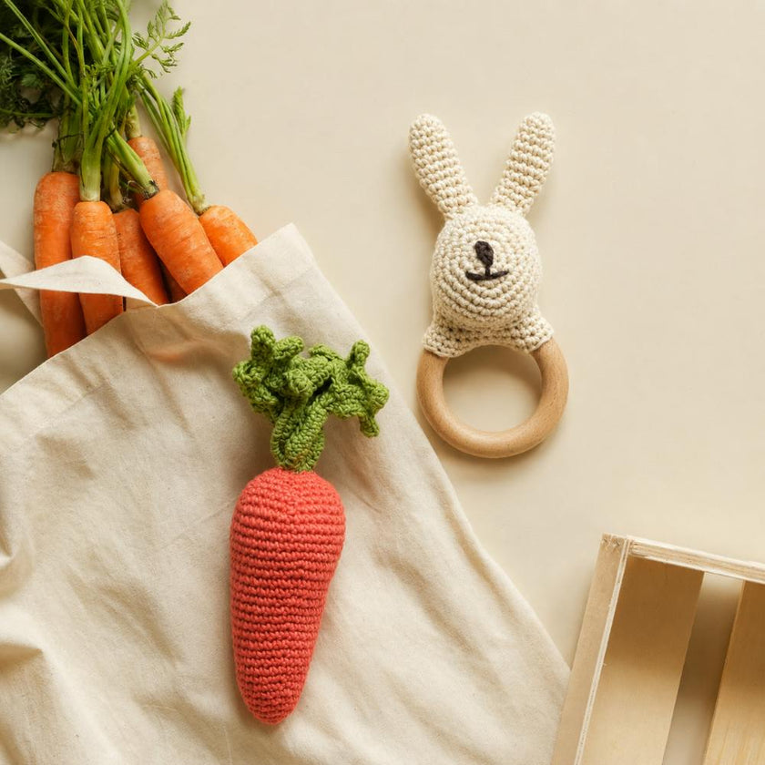 Rabbit & Carrot Gift Box 🥕🐰 100% organic cotton crochet rattle and teether